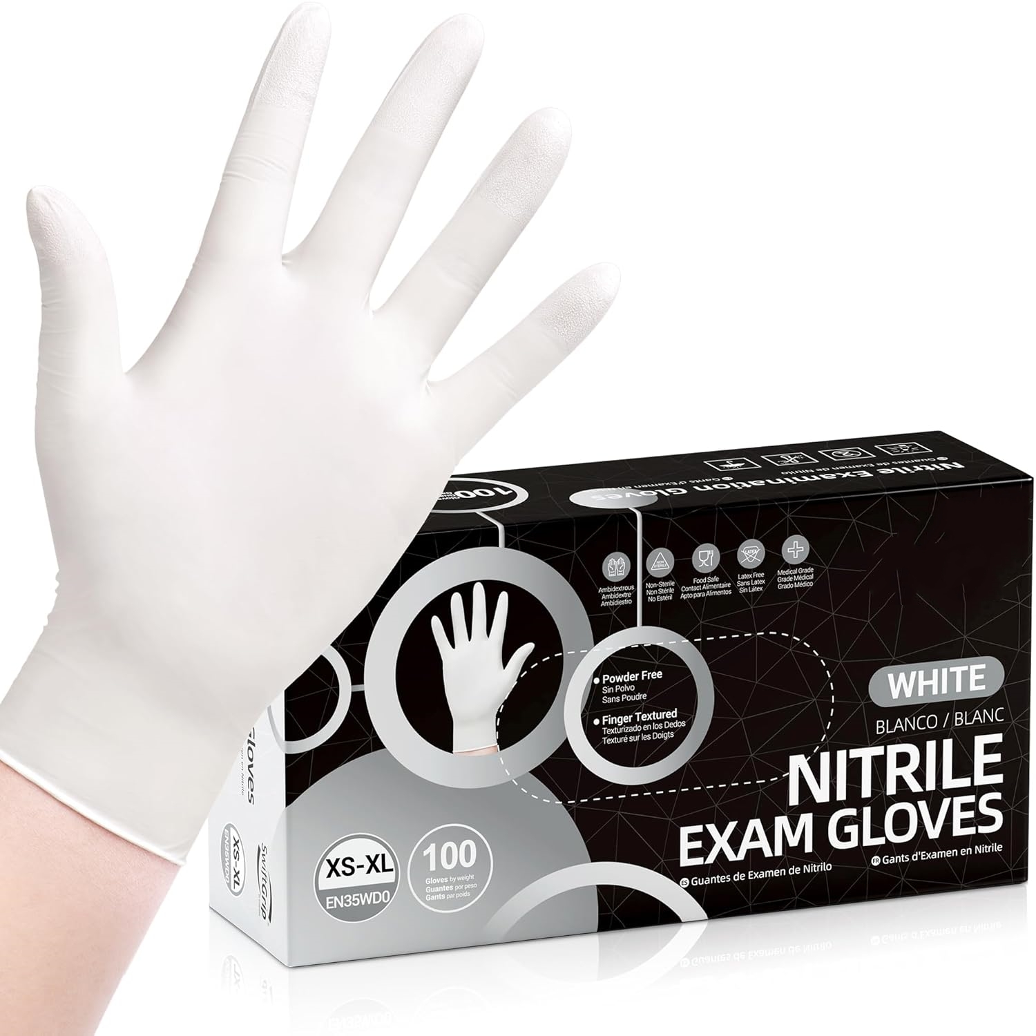 Medical Gloves - 100枚入り使い捨てニトリル手袋、白いラテックスフリー・パウダーフリー手袋、医療用、掃除用、調理用、美容師用、食品安全対応