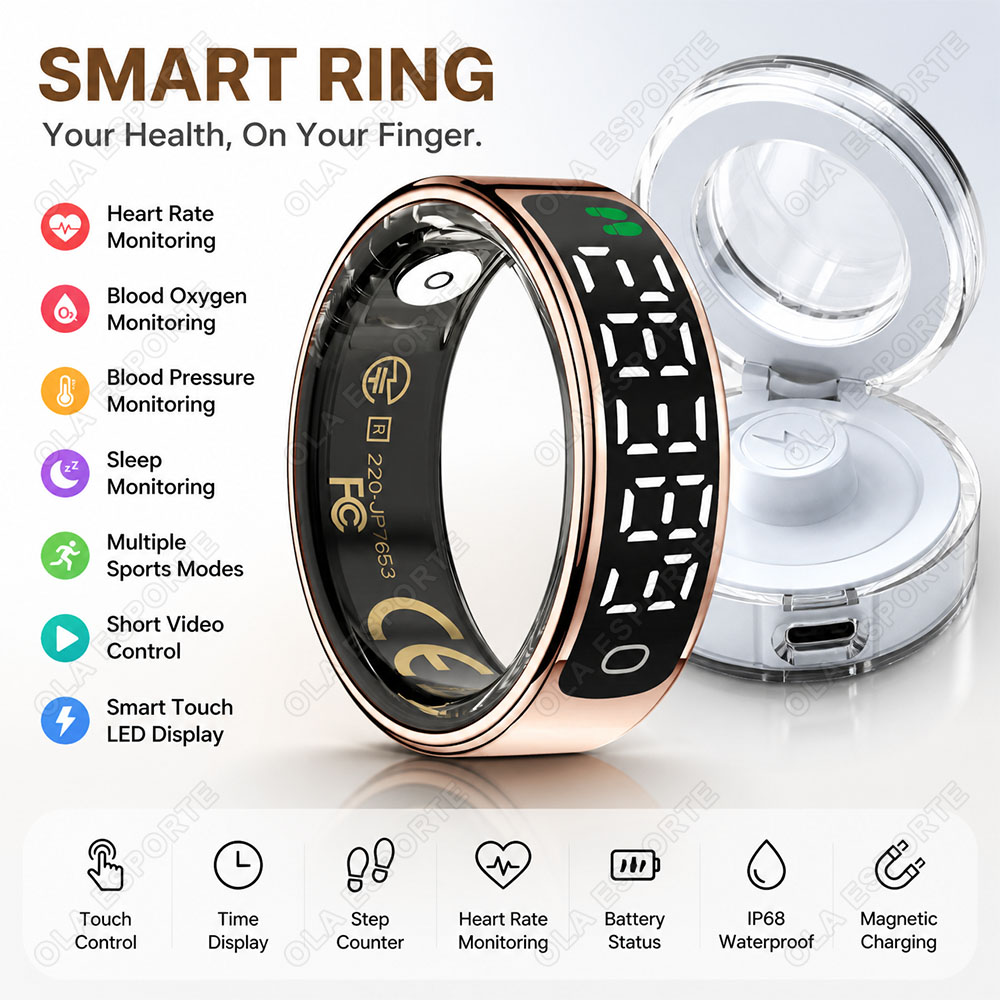 Blood Pressure Monitor - 充電ケース付きスマートリング 心拍数、血中酸素、睡眠モニタリング、歩数計測、バッテリー表示 多機能スマートリング R12